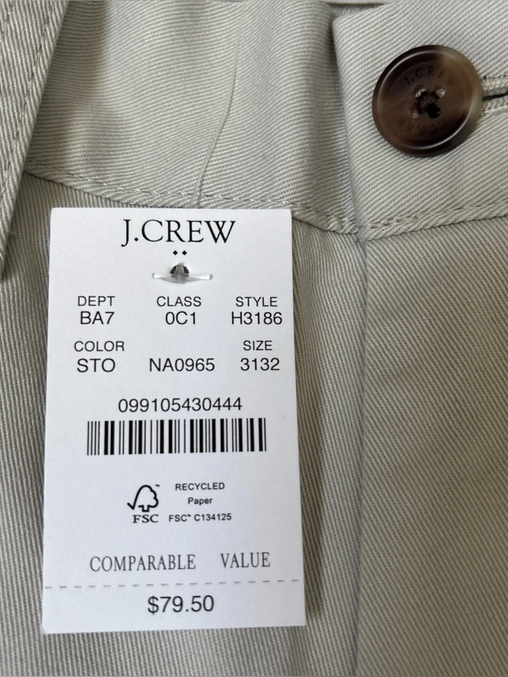 J. Crew Flex Men's Straight Fit Chino Pants, Light Gray 31x32, NWT
